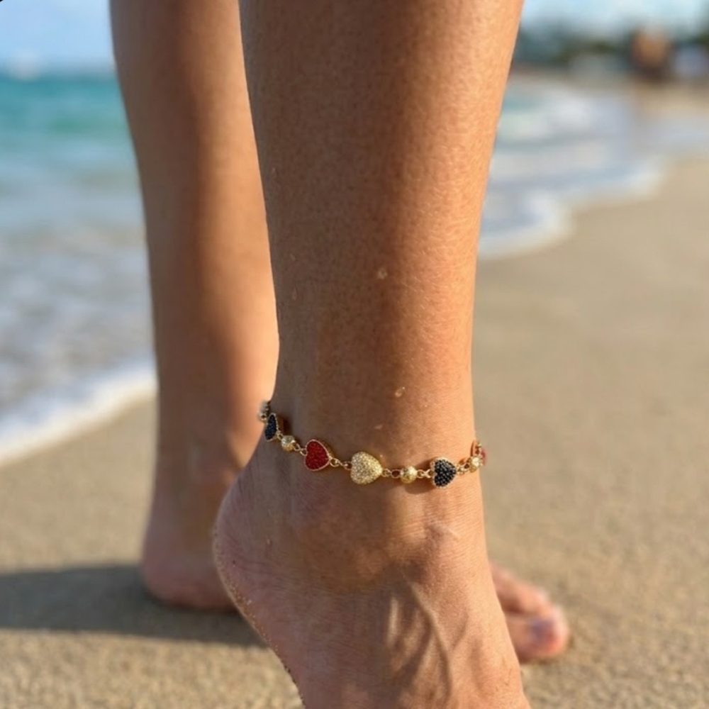 Gold and Red Heart Charm Anklet
